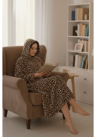 Serona Wellsoft Peluş Kapüşonlu Uzun Panço Yumuşak Dokulu Giyilebilir Tv Battaniyesi Leopar S/m Leopar