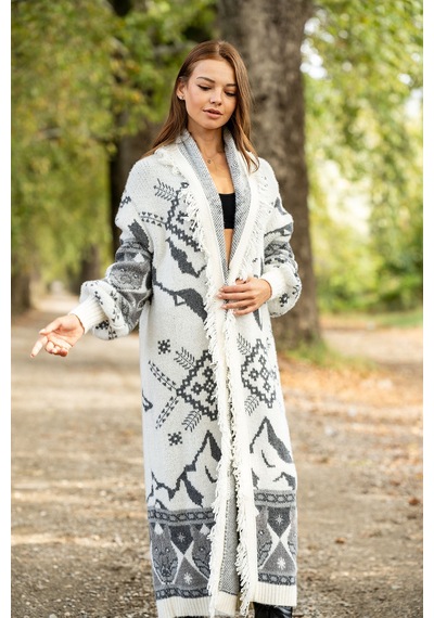 Verdeblanco Şal Yaka Kolaj Desenli Kalın Püsküllü Hırka Beyaz Beyaz