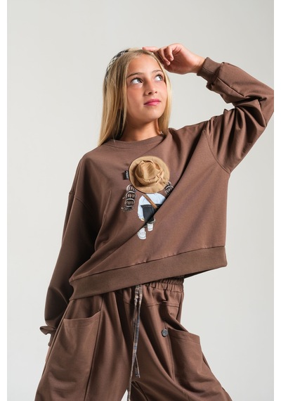 Loco Loco Kahverengi Baskılı Şapka Aksesuarlı Çocuk Sweatshirt