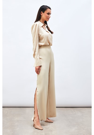 Sateen Yırtmaç Detaylı Saten Pantolon - Bej