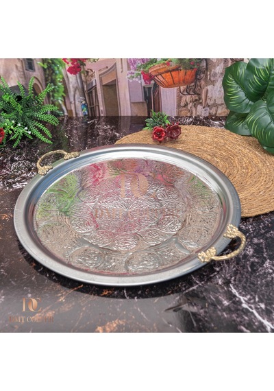 430 Kalite Krom Çelik Kulplu Tepsi 35 Cm Fırına Uygun, Osmanlı Motifli, Kebap & Restoran Sunum Tepsisi Gri