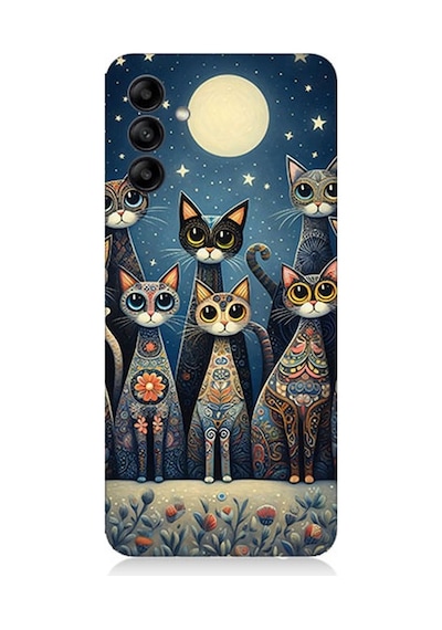 Samsung Galaxy A35 Uyumlu Ay Altında Kedi Ailesi Desenli Silikon Kılıf Çok Renkli