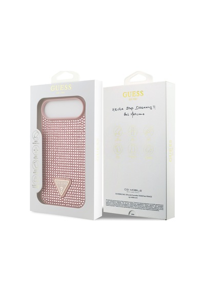 Apple Uyumlu iPhone 17 Air Kılıf Guess Lisanslı Taşlı Arka Yüzey Üçgen Logolu Kapak Pembe