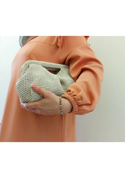 Kemzey Handmade Parlak Tutmalı El Çantaları , El Yapımı Işıltılı Clutch, Örgü El Çantası Bej - Bej