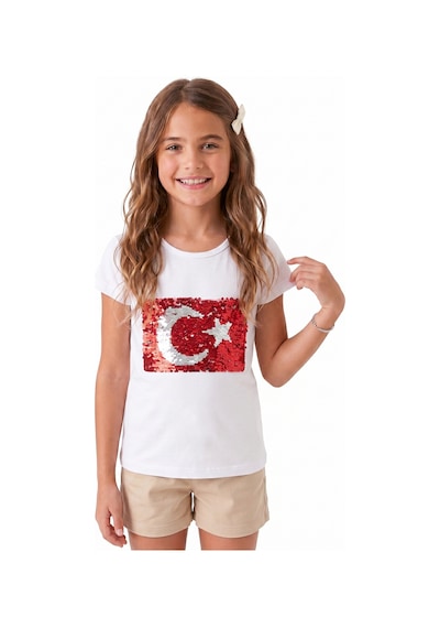Onloox Kız Çocuk Beyaz Kız Beyaz Pamuklu Penye Bisiklet Yaka Kısa Kollu Tam Kalıp Pullu Ay Yıldızlı Tişört 4-14 Yaş