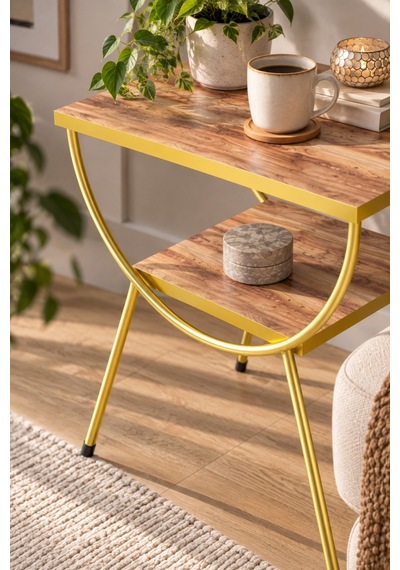 Sulorahome Ceviz Desenli Gold Metal Yan Sehpa Ve Komodin