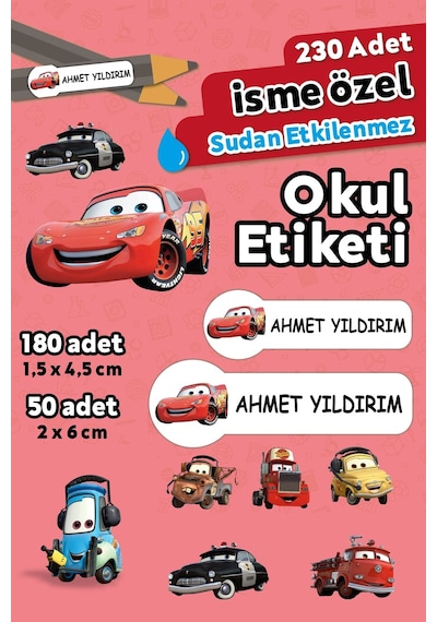 Şimşek Mcqueen Temalı Kişiye Özel İsimli Defter Kalem Okul Etiketi, Yırtılmaz Pvc Etiket, Islanmaz Beyaz