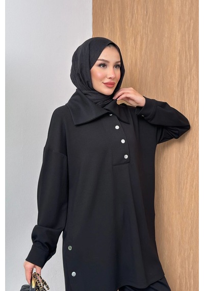 Mihran Butik Soho Elegance Yaka Detaylı Kadın Tesettür Alt Üst Takım Siyah