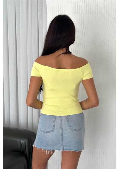 Femelle Kadın Sarı Standart Beden Triko Crop Bluz
