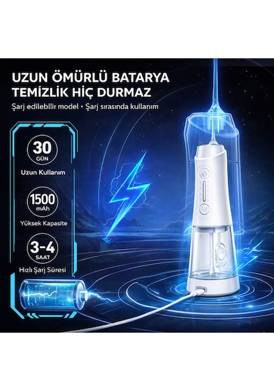 Şarjlı Ağız Duşu 320ml Su Hazneli 4 Modlu Ipx7 Su Geçirmez Type-c Ağız İçi Temizleme Cihazı 5 Başlıklı