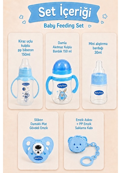 Babytime 5'li Bebek Beslenme Seti Mavi 0+ Ay 150 Ml Pp Biberon - Alıştırma Bardağı - Emzik ve Askısı Ak206 Bebe Mavi