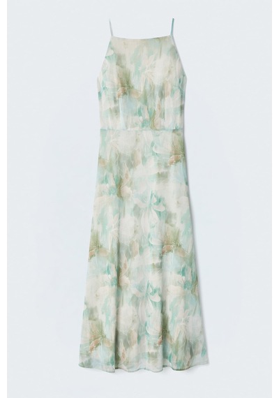 Sateen Çiçek Desenli Askılı Uzun Elbise - Mint-137411