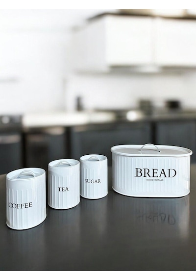 4 Lü Ekmeklik Set Metal Kapak Çay Kahve Şeker Tezgah Üstü Dolap İçi Set Saklama Kabı Byz-byz Beyaz