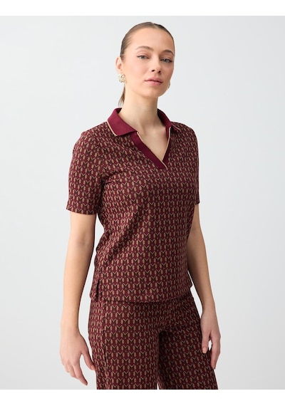 Jimmy Key Bordo Geometrik Desenli Polo Yaka Kısa Kollu Örme Bluz 6sw036586562