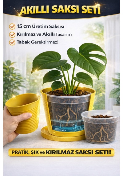 2 Li Saksı Seti 15 Pot Üretim Saksısı + 1,8 Litre Sarı Dekoratif Kırılmaz Saksı Tabaksız Uyumlu