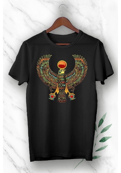 Flood Of Style Unısex Siyah Mitoloji Antik Mısır Horus Kartal Baskılı Tshirt
