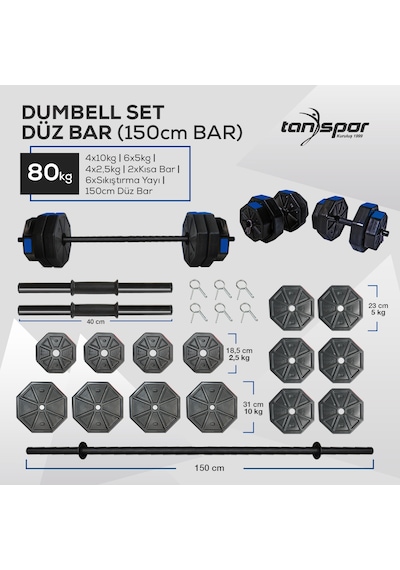 Tan Spor 80 KG Dambıl Halter Kısa Bar + Düz Bar Seti Kırmızı Kapaklı 150 CM