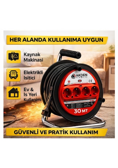 Kablo 30 Metre 3x2,5mm Makaralı Uzatma Kablosu Tam Kesit Kaynak Makinası Kullanıma Uygundur 30 M