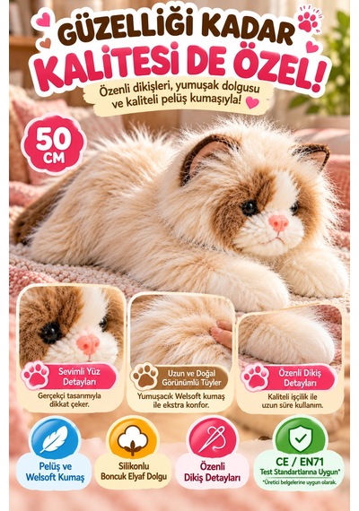 Krem Gerçek Kedi Görünümlü Pelüş Kedi 50 Cm Uzun Tüylü Yumuşacık Sarılmalık Dekoratif Oyuncak Kedi
