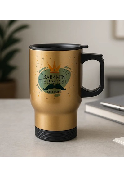 Bk Gift Kişiye Özel Babalar Günü Tasarımlı Kulplu Gold Çelik Bardak Termos Mug 450ml-2, Babalar Günü Hediye, Babaya Hediye Sarı