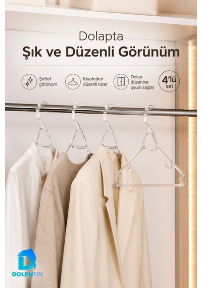 Klas Kristal Elbise Askısı 4 Lü Şeffaf Plastik Dolap İçi Kıyafet Askısı Düzenleyici -şeffaf