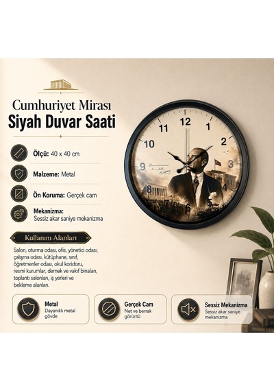 Cumhuriyet Mirası Siyah 40 X 40 Cm Metal Duvar Saati