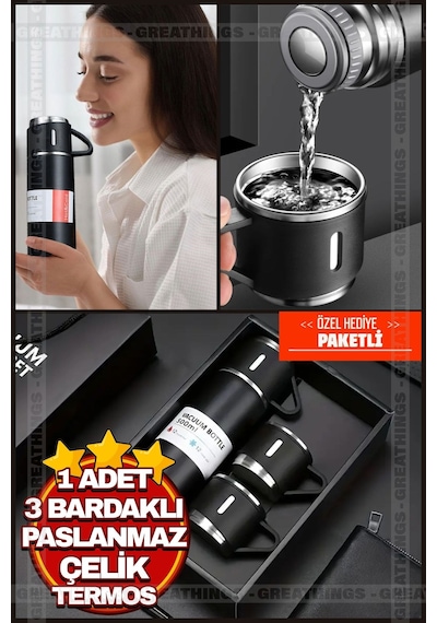 Siyah Piknik Kamp Termosu Paslanmaz Çelik 3 Bardaklı 500 Ml Vakumlu Çay Kahve Sıcak Soğuk Termos Set Siyah