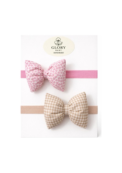 Pamuk Kız Bebek Fiyonk Bandana 2'li Set Pembe Kalp - Kahve Kareli Pembe Kalp - Kahve Kareli