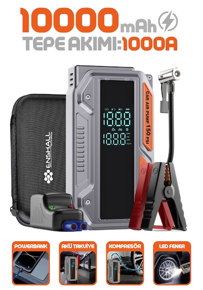10.000mah Jump Starter Akü Takviyeli 1000a Tepe Akımlı Araç Lastik Şişirme Hava Kompresörü 10000mah