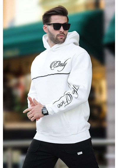 Madmext Ekru Kapüşonlu Şerit Detaylı Baskılı Erkek Sweatshirt 7091 Ekru