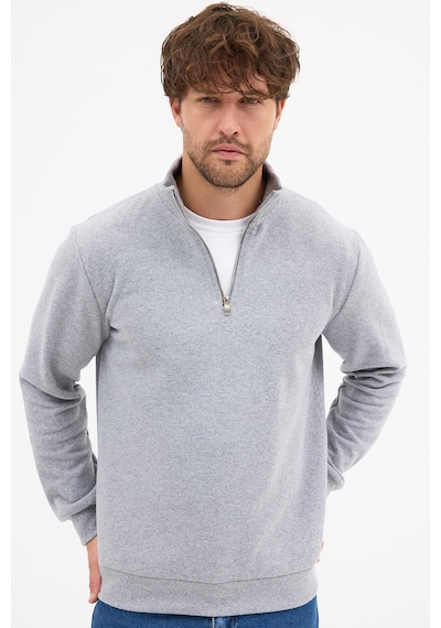 Mmetalic Erkek Gri Standart Fit Normal Kesim Pamuklu Yarım Fermuarlı Dik Yaka Pamuklu Sweatshirt Gri