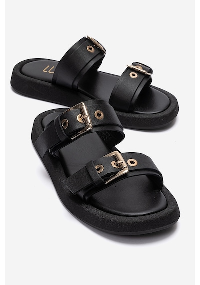Luvishoes Dorel Siyah Hakiki Deri Tokalı Kadın Terlik