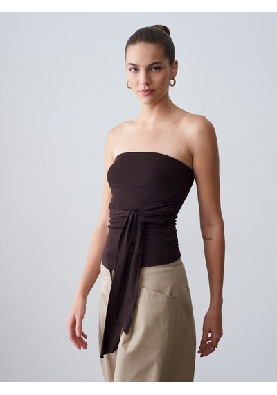 Dilvin 32841 Bağlamalı Bandeau Top-koyu Kahve