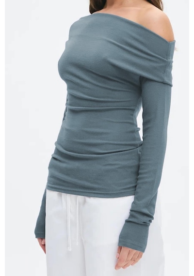 Madmext Füme Kadın Off Shoulder Uzun Kollu Bluz Mg2567 Füme