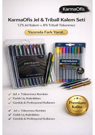 Jel & Triball Kalem Seti 12 Li Jel Kalem + 8 Li Triball Tükenmez, Premium Yazım Diğer