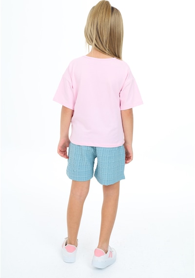 Toontoy Kids Toontoy Kız Çocuk 2'li Takım Baskılı Bisiklet Yaka T-shirt & Beli Lastikli Şort Pembe