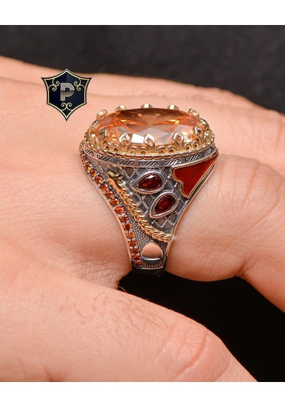 Gümüş Erkek Yüzük Sitrin Taşlı Şampanya Topaz Taş Süslemeli