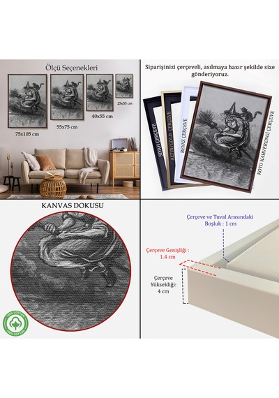 Çerçeveli Süpürge İle Uçan Yaşlı Cadı Ve Kedisi, Cadılar Bayramı Hediyesi, Hellowen Tablo -6304