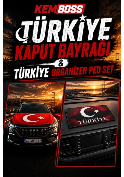 Kemboss Türkiye Kaput Bayrağı Ve Türkiye Kaydırmaz Torpido Pedi Seti - 130x160 Cm Lastikli Araç Kaput Bayrağı + Torpido Organizer Ped Türkiye Seti