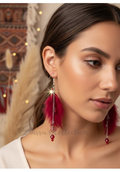 Özel Tasarım Kuş Tüyü Sallantılı Küpe. Modern Boho Vintage Stil Renkli