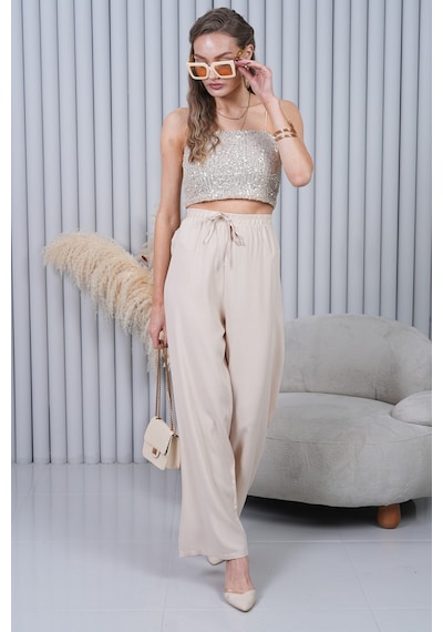 Polologin Butik Beli Bağcıklı Yüksek Bel Bol Paça Taş Renkli Pantolon Krem