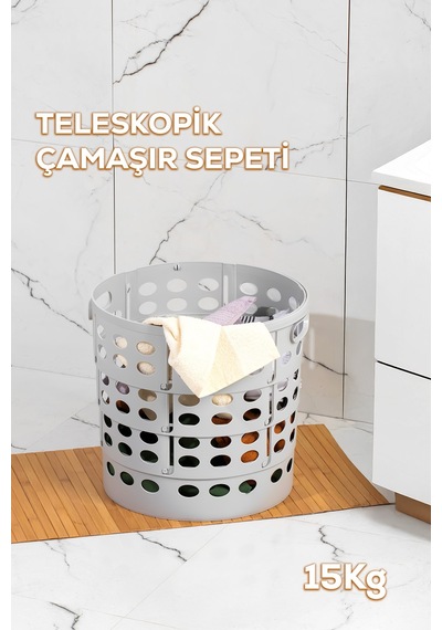 Porsima 25100-1 Teleskopik Katlanır Sepet Katlanabilir Çamaşır Sepeti Orta Boy Katlanır Çamaşır Sepeti Gri 15lt Gri