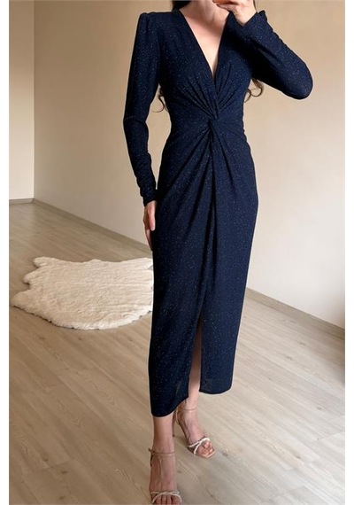 Neşeli Butik Kadın Mavi Bel Büzgü Detaylı Yırtmaçlı Midi Boy Abiye Elbise Nm027 Mavi