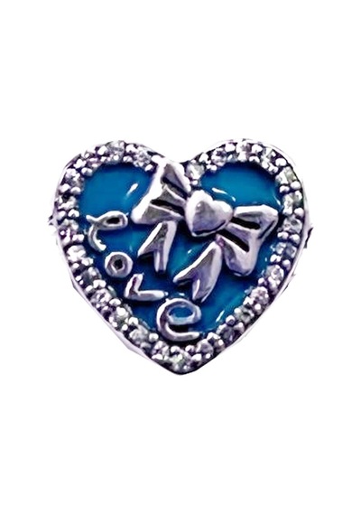 Love Yazılı Kurdeleli Taşlı Kalp Charm Gümüş