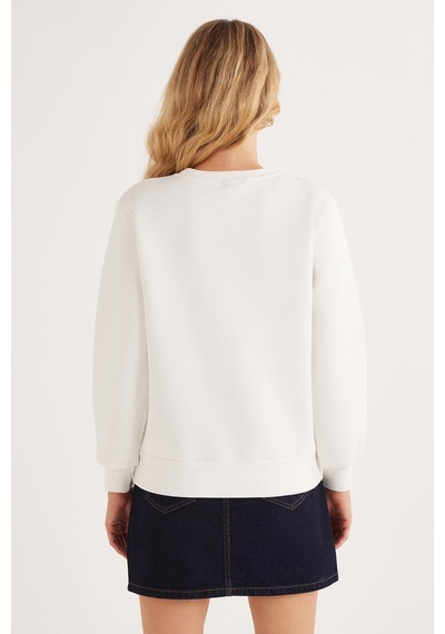 Tudors Kadın Regular Fit Klasik Kesim %100 Pamuk Baskılı Bisiklet Yaka Beyaz Sweatshirt-36931 Beyaz