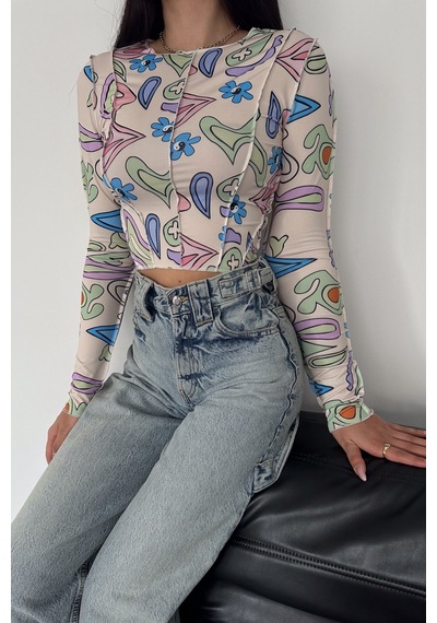 Femelle Kadın Desenli Crop Bluz Krem