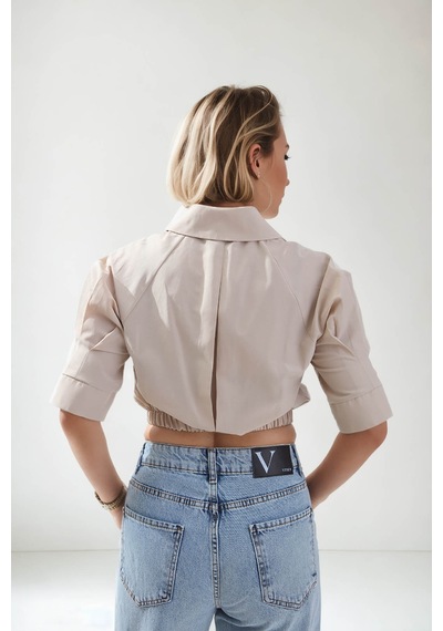 Vitrin Beli Lastikli Crop Gömlek Bej