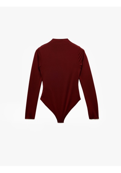 Koton Slim Fit Hafif Dik Yaka Drape Detaylı Uzun Kollu Bodysuit Bordo 6wak80083ek Bordo