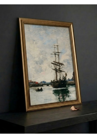 Gold Vintage 60x80 Çerçeveli Tablo - Klasik Marin Yelkenli Gemi Yağlı Boya Görünümlü 50x70cm Dokulu Baskı Deniz Temalı Lüks Duvar Sanatı