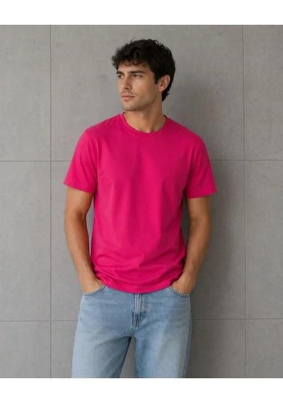 Defymoda Erkek Basic Pamuklu Tişört Bisiklet Yaka Düz Renk Regular Fit T-shirt - Fuşya